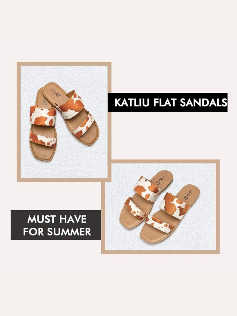 Women's Cow Print Open Square Toe Two Strap Slip On Flat Casual Sandal Shoes - Picture 6 of 6
